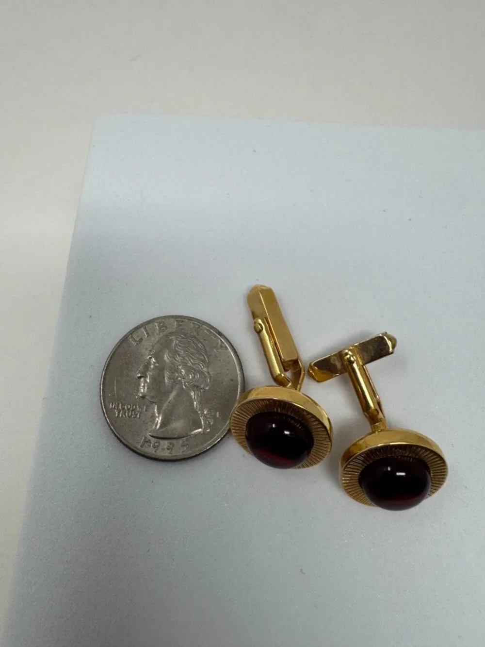 Vintage SWANK Ruby Red Cabochon Gold Tone Round Cufflinks